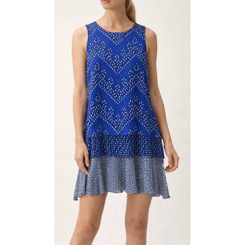 Diane von Furstenberg Blue Geometric Silk Tiered Shift Dress Size M EUC